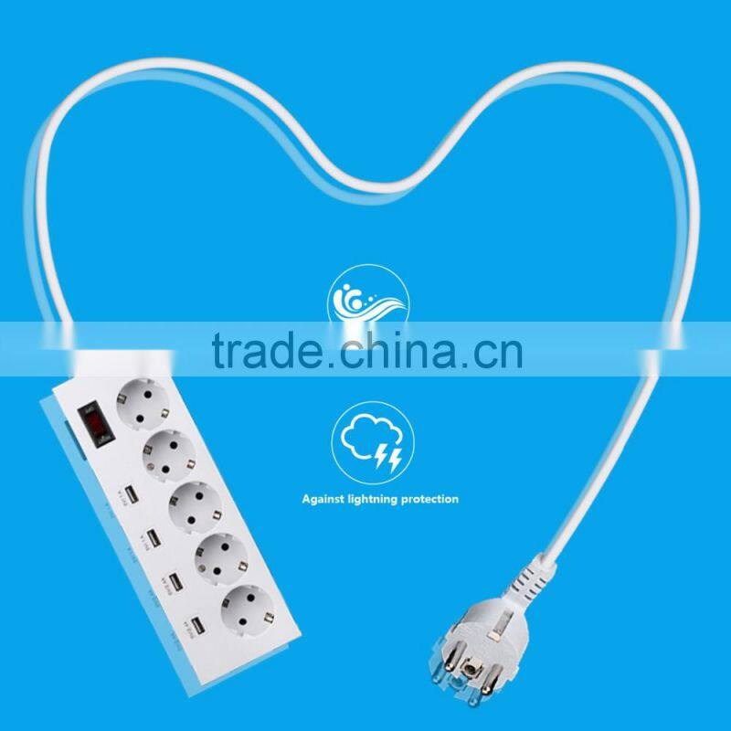 Euro standard 5 socket multiple outlet extension cord with usb slots child safety shutter