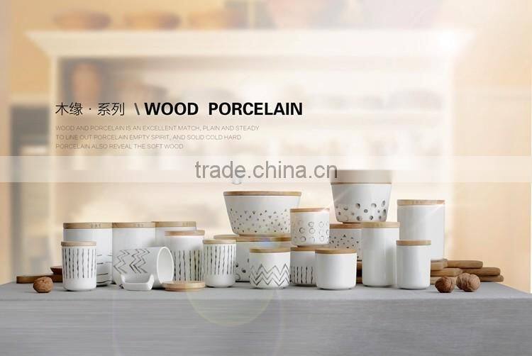 household ceramic cannister with wooden lid