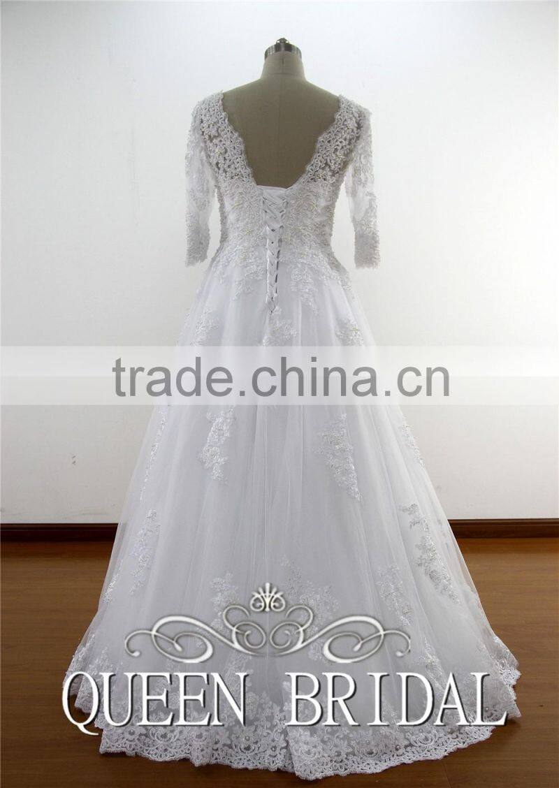 Dubai Muslim Bridal Gown 3/4 Long Sleeves Lace Wedding Dress Patterns 2016