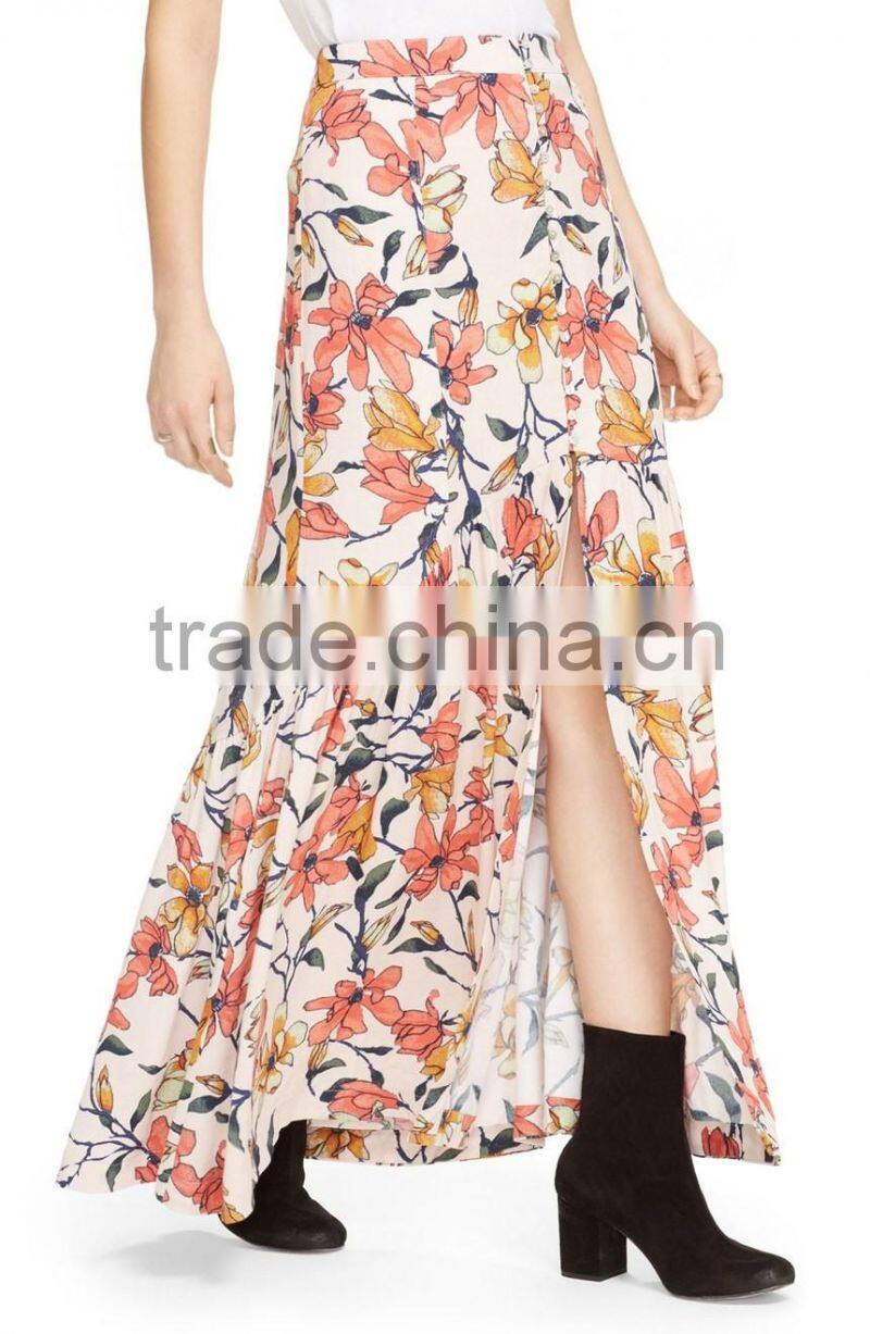 Alibaba hot sell flower print front split maxi skirt fancy skirt top designs