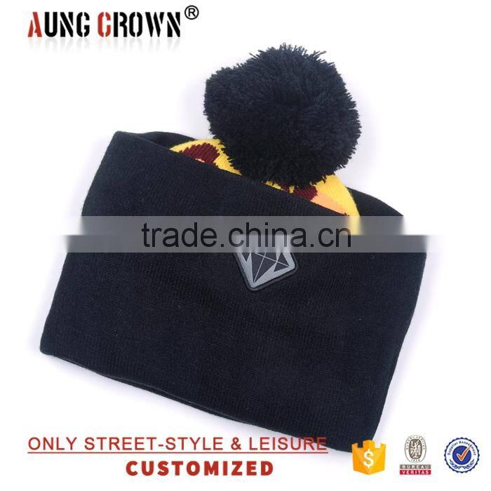 custom knitted cuff embroidery beanie hat/pom pom jacquard knitted hat