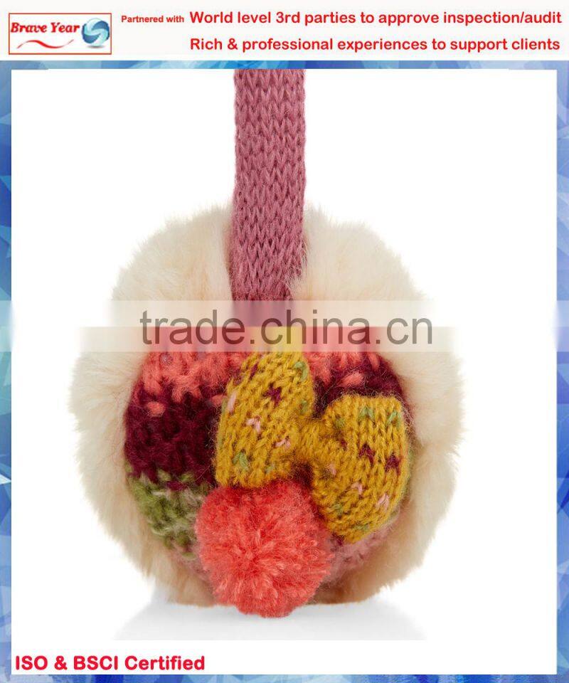 Multi stripe pom pom knitted earmuffs headphones,faux fur earmuffs,ear protector earmuff