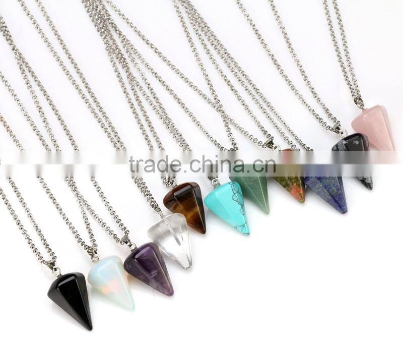 2016 Wholesale Quartz Stone Pendants Natural Crystal Point Pendant Lapis Lazuli Crystal Prism Conical Jewelry Necklace