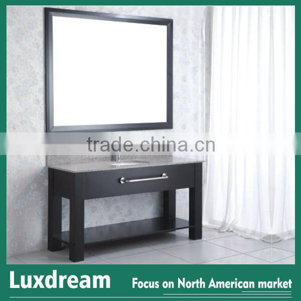 ADA hotel bathroom vanity with wood shelf