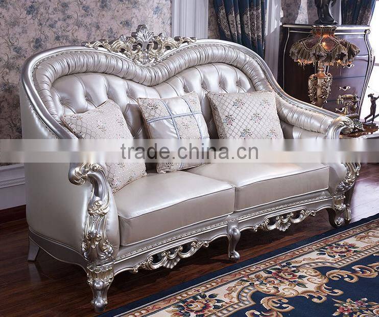 Graceful European noble living room furniture genuine leather sofa set