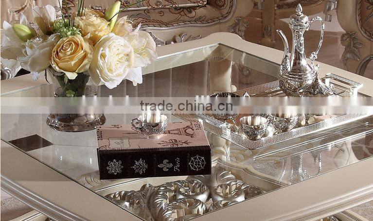 Luxury white color solid wood hand carved living room furniture glass top square coffee table