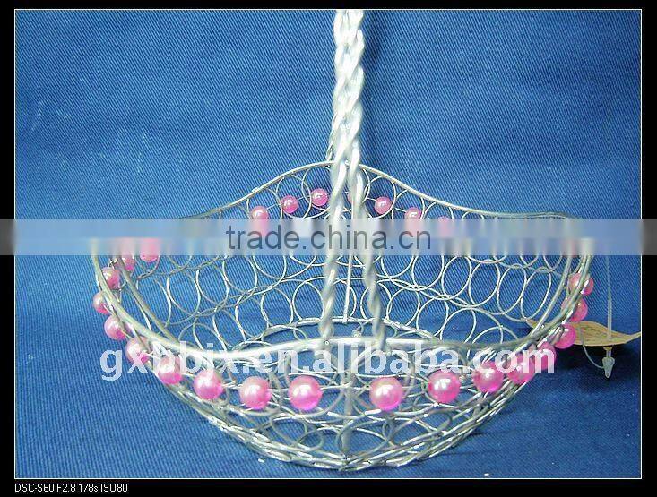 Silver round storage wire hanging basket frame decorative with red pearl