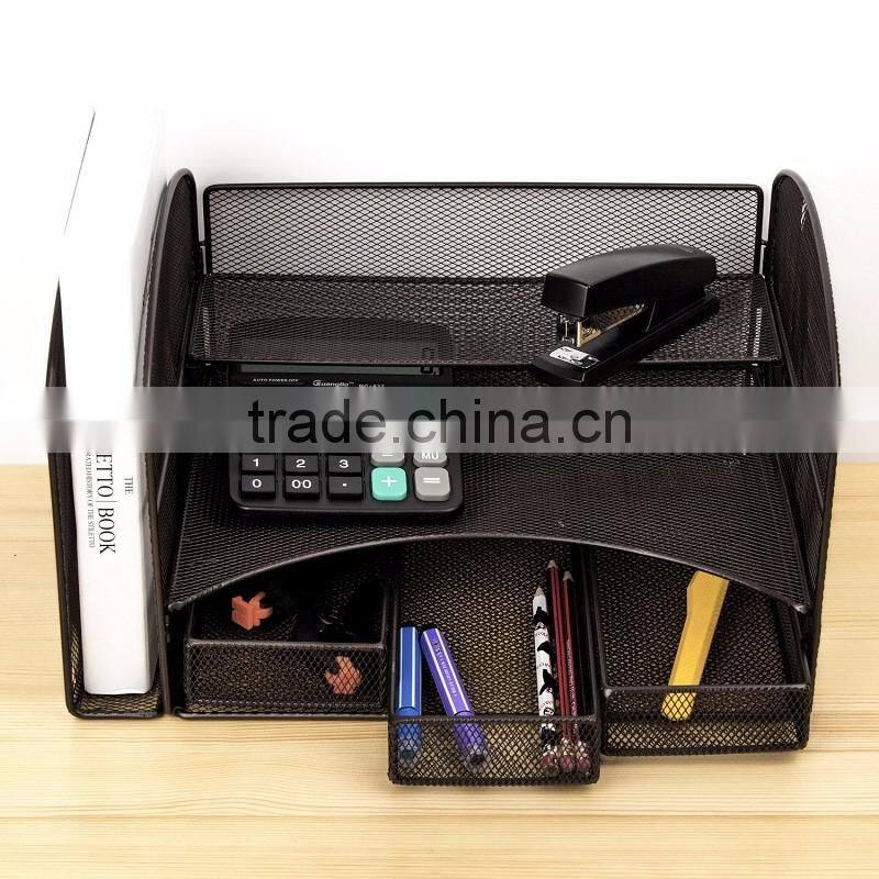 2017 amazon popular design black metal mesh desk file organizer with 3 Little Drawers