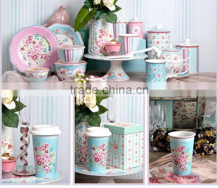 12oz Pink Flower Design Ceramic Double Wall Tumbler