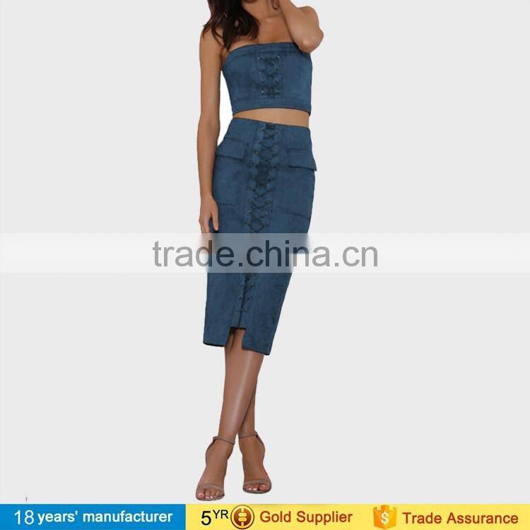 2017 fashion women lace up suede two piece skirts and crop top set bodycon dresses pictures of long skirts and tops