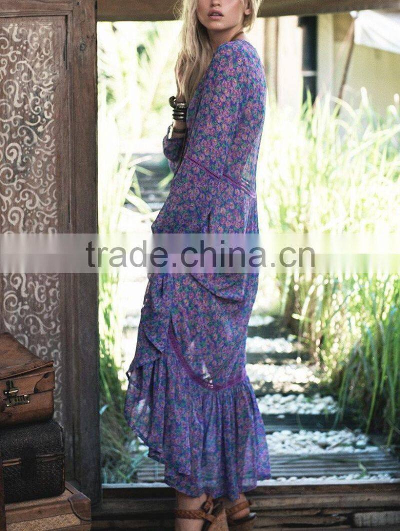 New Style Long Sleeve Chiffon Flirty V Neck Frock Design Maxi Dress Sexy Necked Women Picture HSd5175