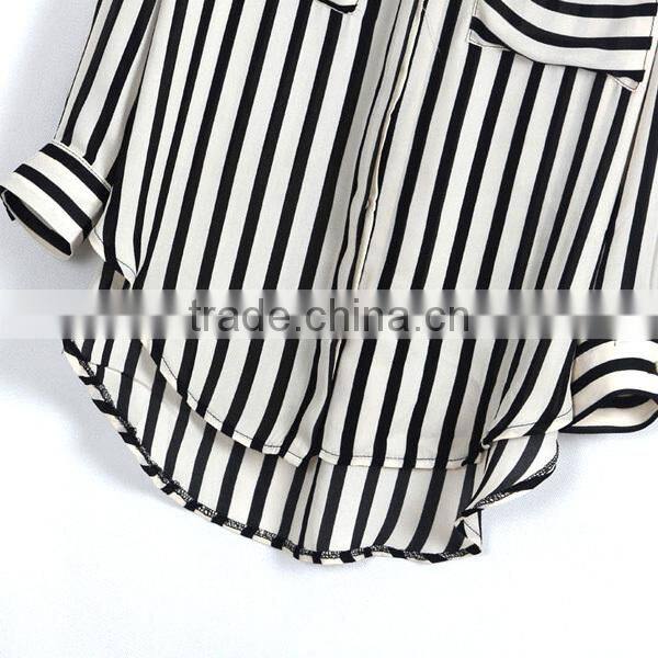 Top hot sell factorty directly price ladies' short front long back striped new model blouse with big pockets