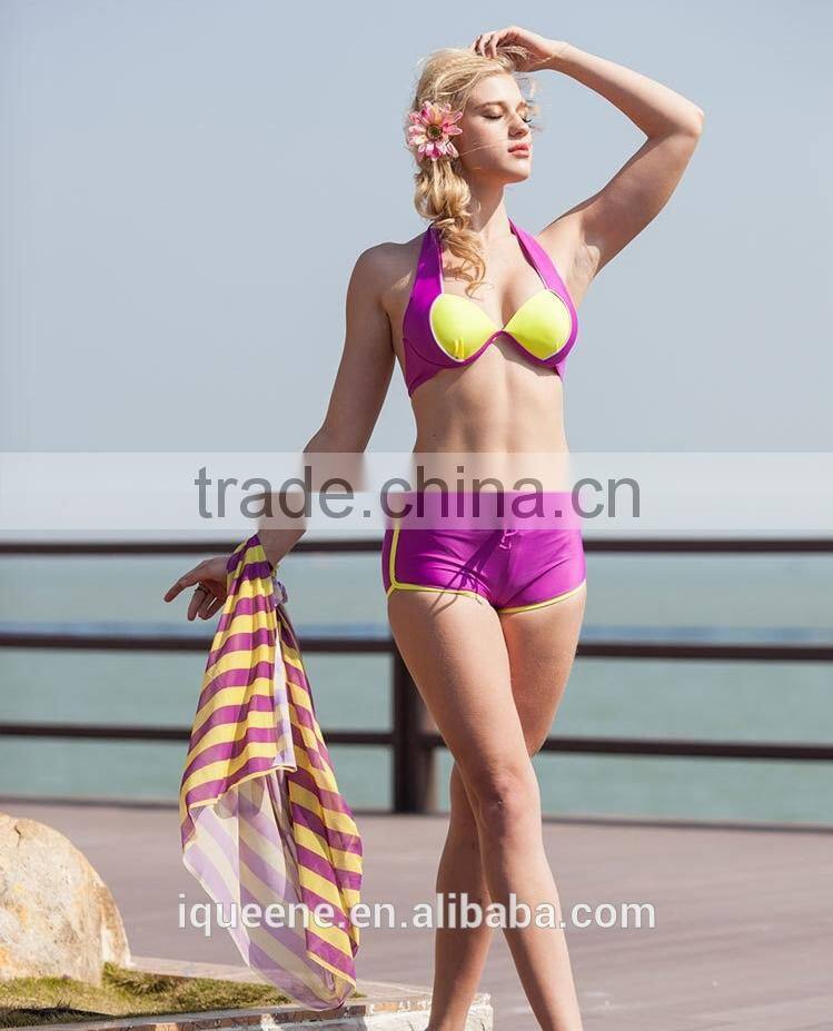 2015 swimsuit for women hot sexy bikini three piece high quality stripes contrast color swimsuit