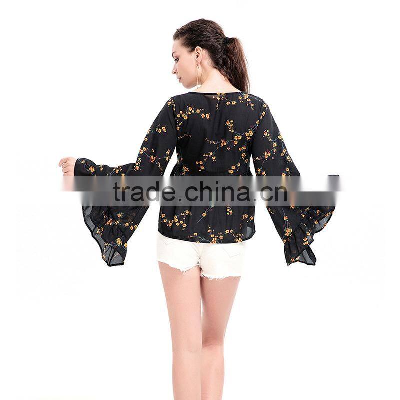 Lotus leaf sleeves design patterns back neck for fat ladies big sleeve blouse