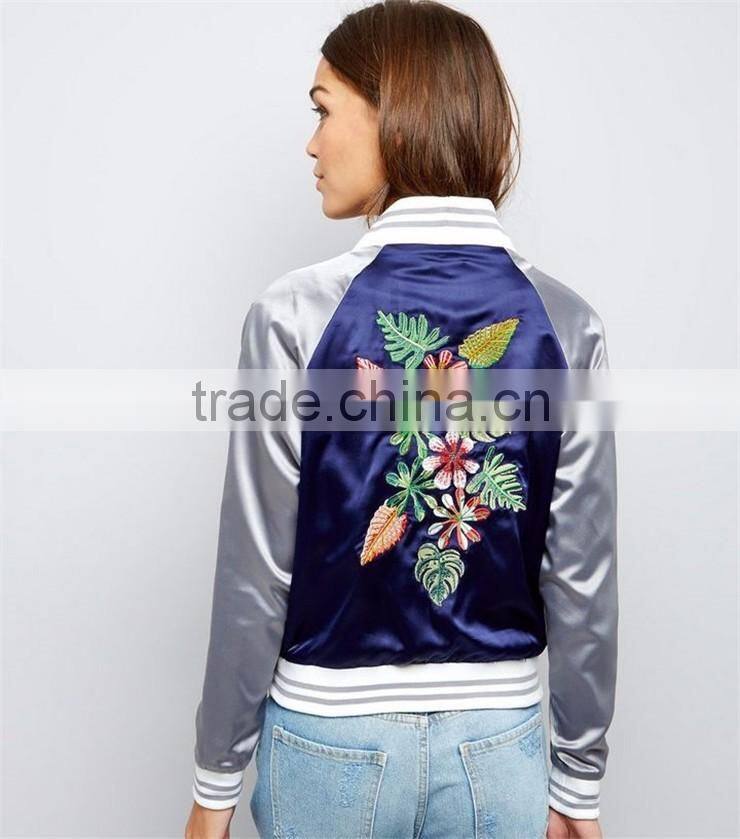 MGOO Customized Satin Floral Embroidered Bomber Jacket Streetwear Raglan Sleeve Autumn Coat Women