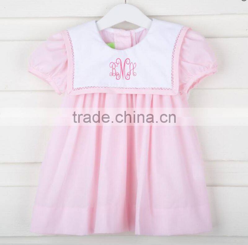 New style smocked O Neck Dress 2017 hot sale casual short sleeve button back baby dress for boutique kids clothing