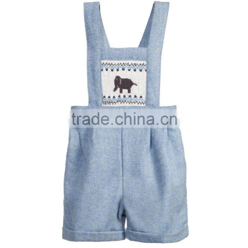 Vintage Style Blue Wool Overalls Children Cotton Frocks Designs Handmade Smocked Embroidery Overalls For Kids Boys