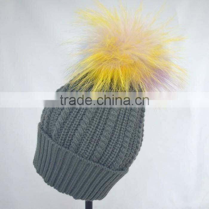 Myfur Grey Color Winter Striped Knitting Cap with Customized Big Fur Pom Pom