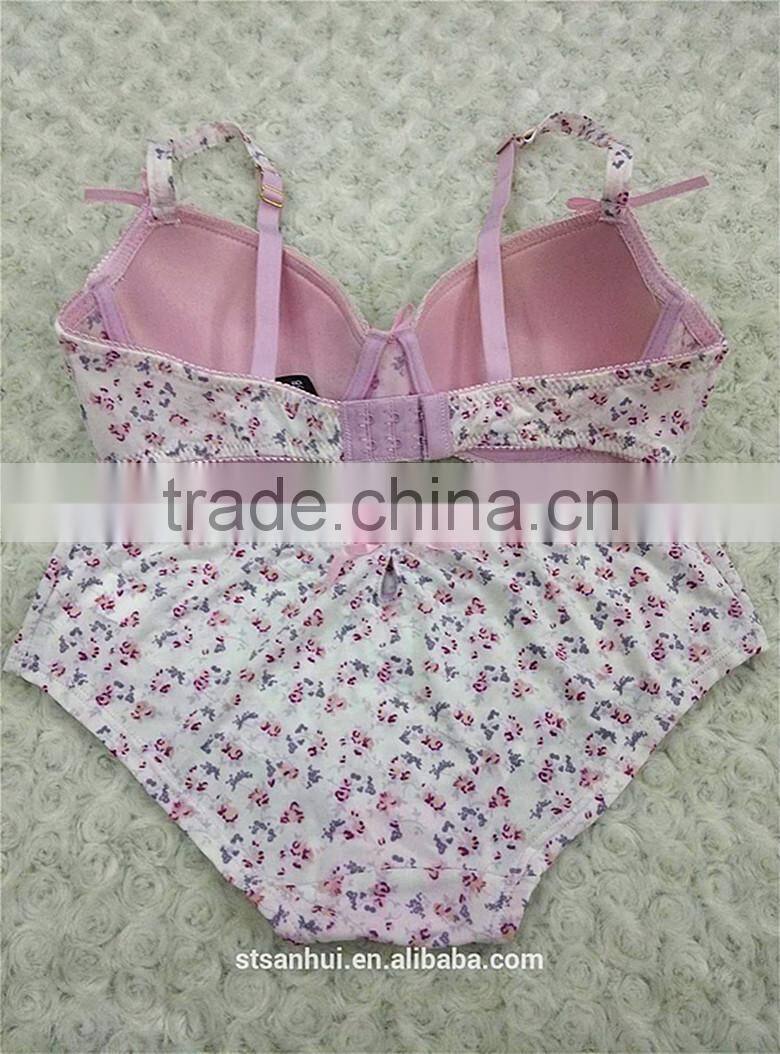 Lovely flower printed hot sale sexy ladies fancy bra panty set
