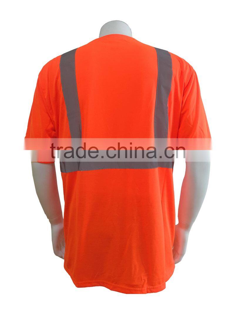 Manufacturer mens high visibility orange short sleeve chest pocket reflective safety T-shirt