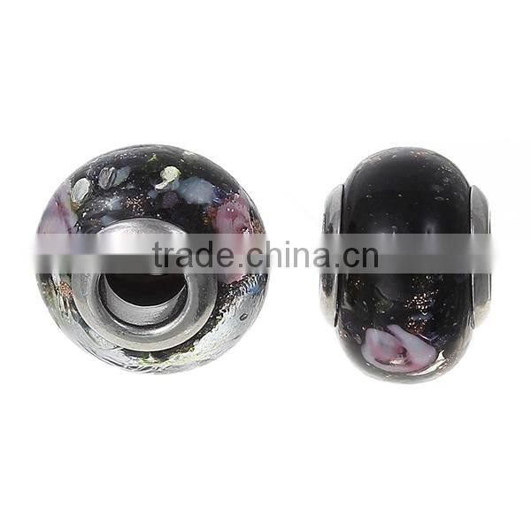 Lampwork Glass European Style Large Hole Beads Round Black Transparent Pink Flower With 304 Stainless Steel Silver Tone Core