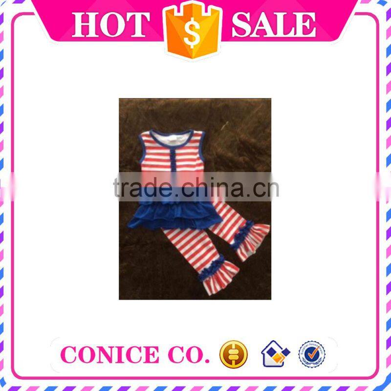 factory directly sale summer 2 piece sleeveless swing top & pants child cloths kids wear for 4th of july