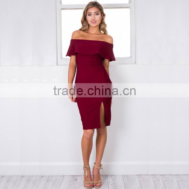 New Women Ladies Elegant Sexy Flounced Off Shoulder Bodycon Slit Side Pencil Eve Club Party Dresses Bandeau Summer Dress