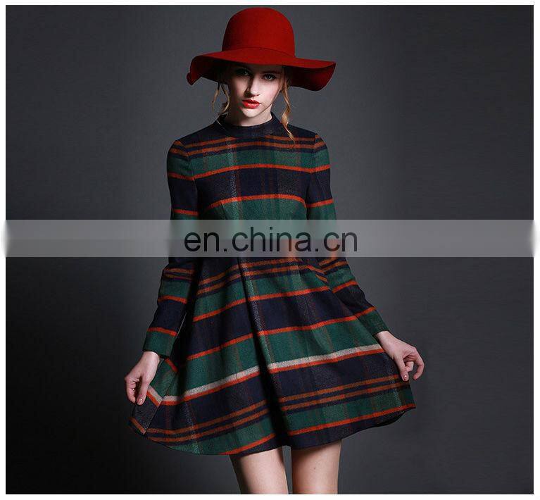 striped quality temperament checker skirt / A line long sleeve skirt