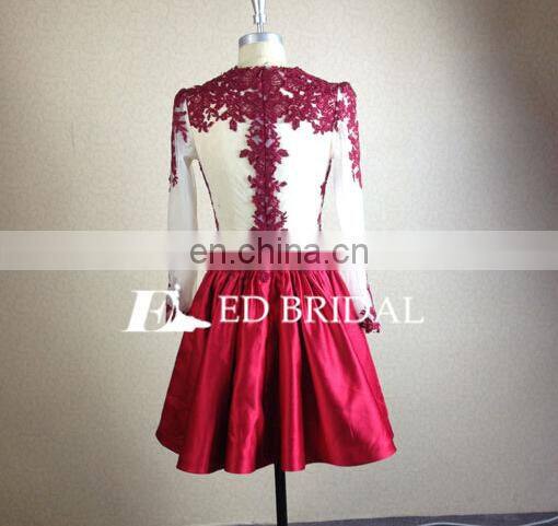 Sexy Lace Appliques Satin Wine Red Short Evening Dress Long Sleeve