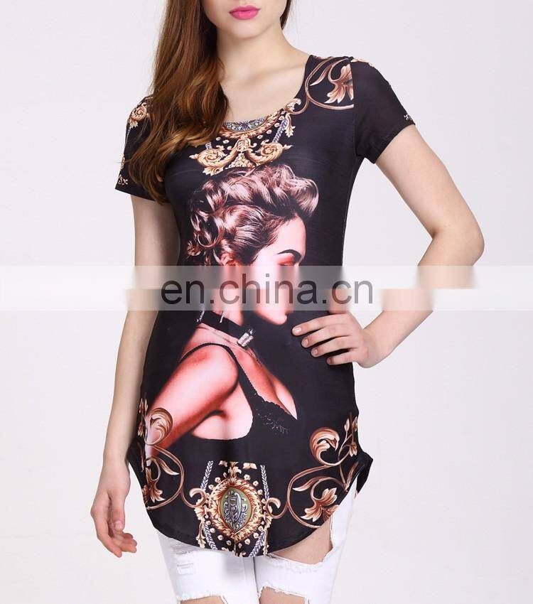 160g Qmilch Fabric Black Small Beauty Pattern Short Sleeve Women Fashion Shirt Tops