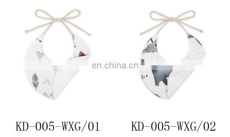 New design white baby bib printing animal pattern round shape tie baby bib saliva scarf