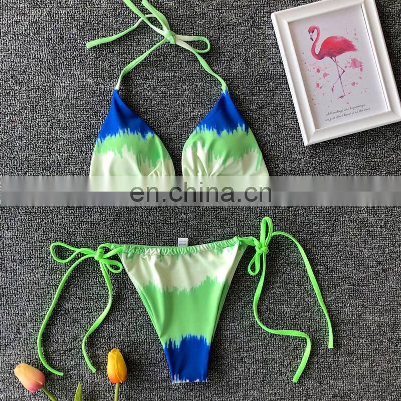 Micro bikini thong sexy swimsuit print triangle bikini tied dye swimwear strappy swimsuits neon green print bikinis 2019 women