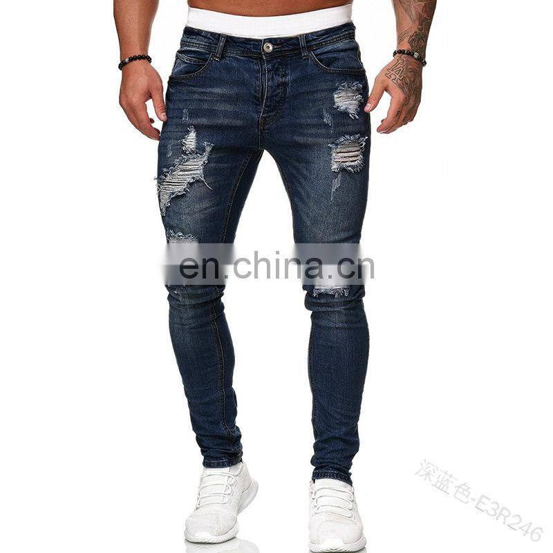 Manufacturers wholesale custom-made holes grind white slim-fit denim trousers fashion slim-fit plus size men's trousers