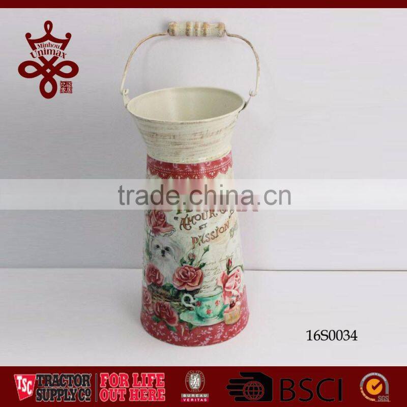 Farm Tools Home Decorative Tall Milk Bucket Tin Pot Wood Handle Metal Milk Tank