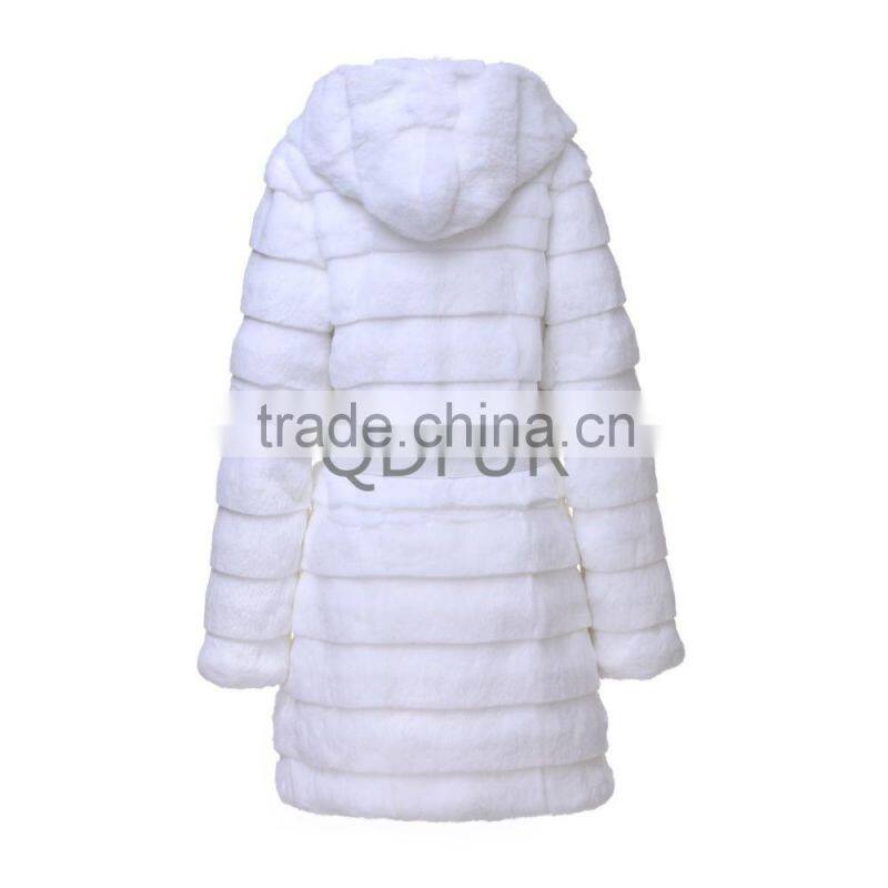Lady Winter Long Genuine Natural Rabbit Fur Coat with Hoodied D0019