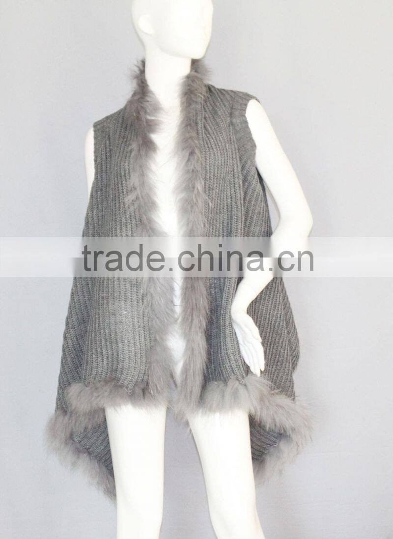 QD80274 2015 New Design Free Size Sweater Knitted Raccoon Fur Cardigan Vest