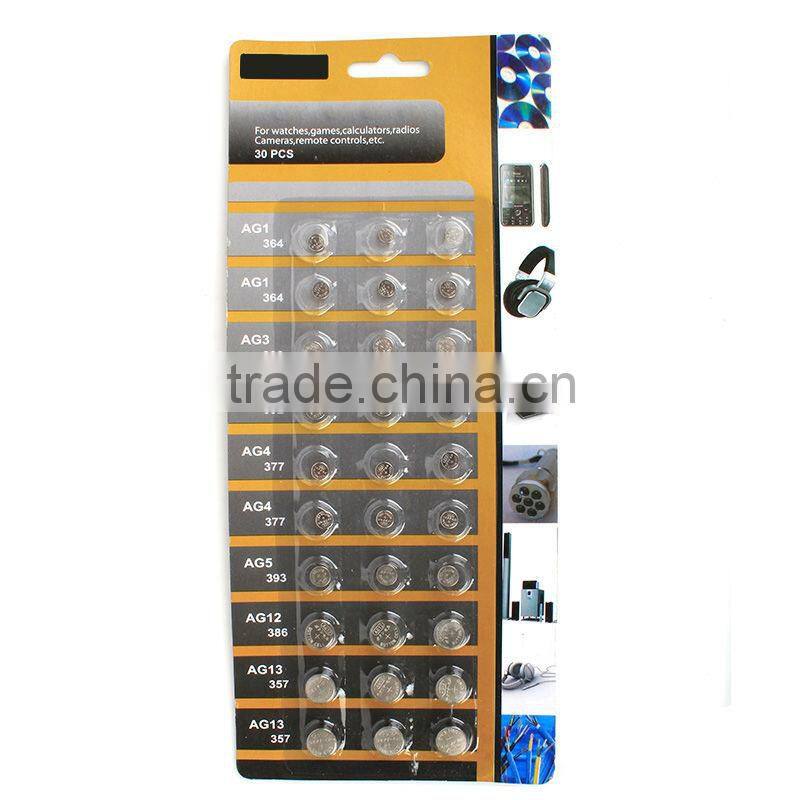 OEM service Alkaline Button battery blister packing: 30pcs AG1 AG4 AG5 AG12 AG13
