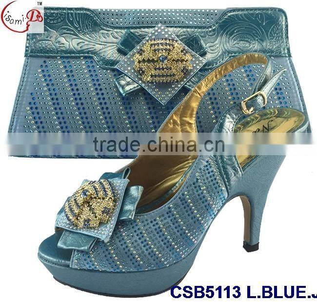 CSB5113 green - light blue -peach -pink 2016 new fashion popular series african shoes matching bag with rihinstone for lady