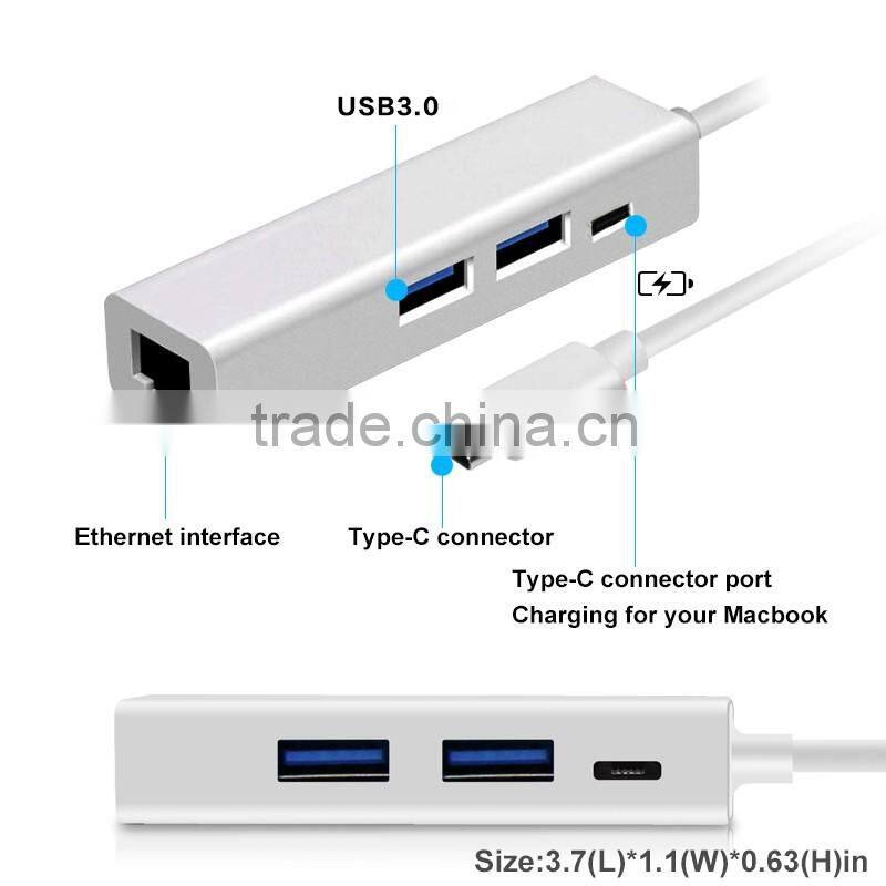 Aluminum Alloy 3 Port USB Hub 3.0 Hub with Ethernet Converter Adapter