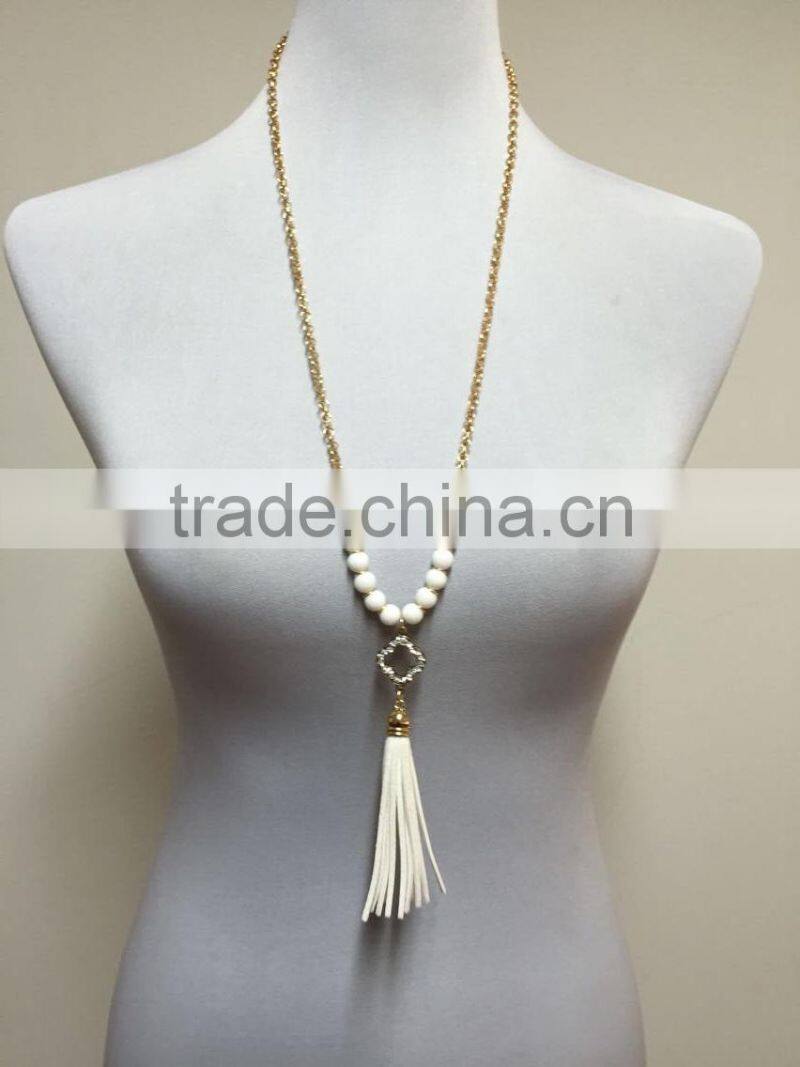 Fashion latest design natural alabaster stone, natural crystal stone, tassel necklace