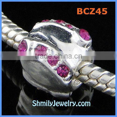 Wholesale Pink CZ Rhinestone Sterling Silver Heart Beads BCZ43A