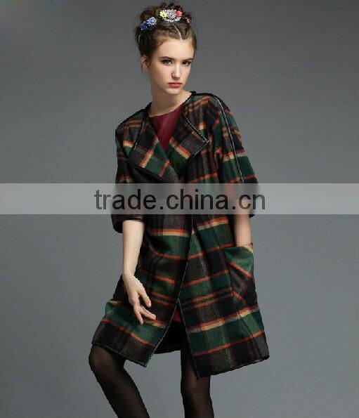 New fashion women winter grid pattern leather trimmed wool coats,autumn/winter europe new style women's wool grid coat