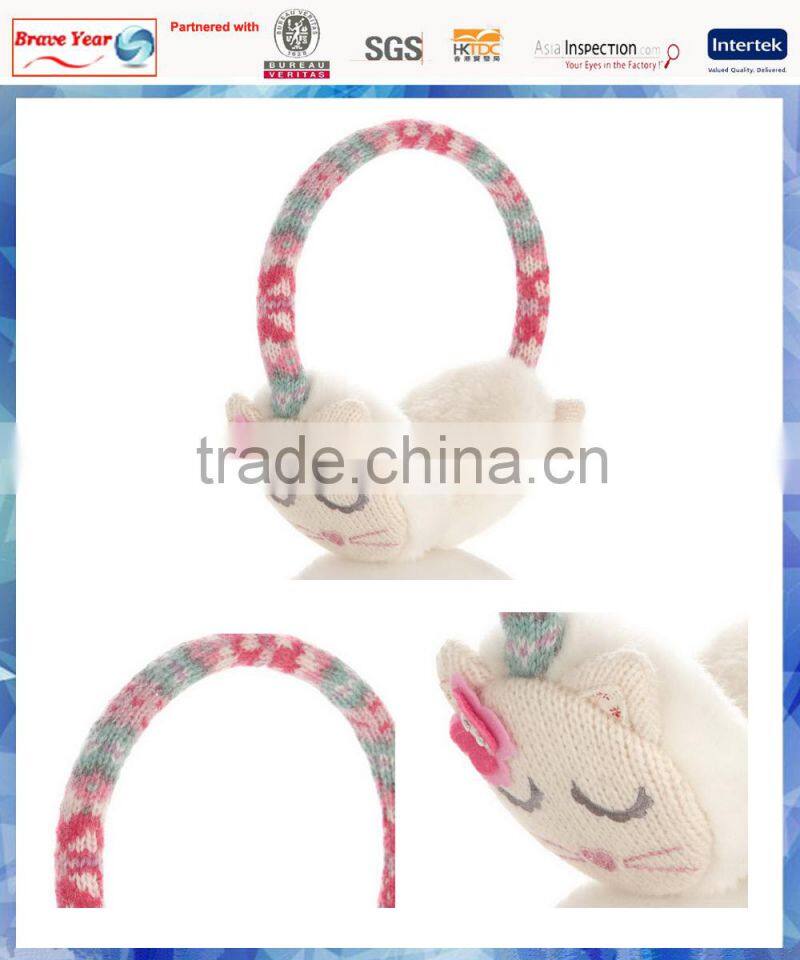 sleeping fairisle cat knitted animal earmuffs with 3D butterfly cosage
