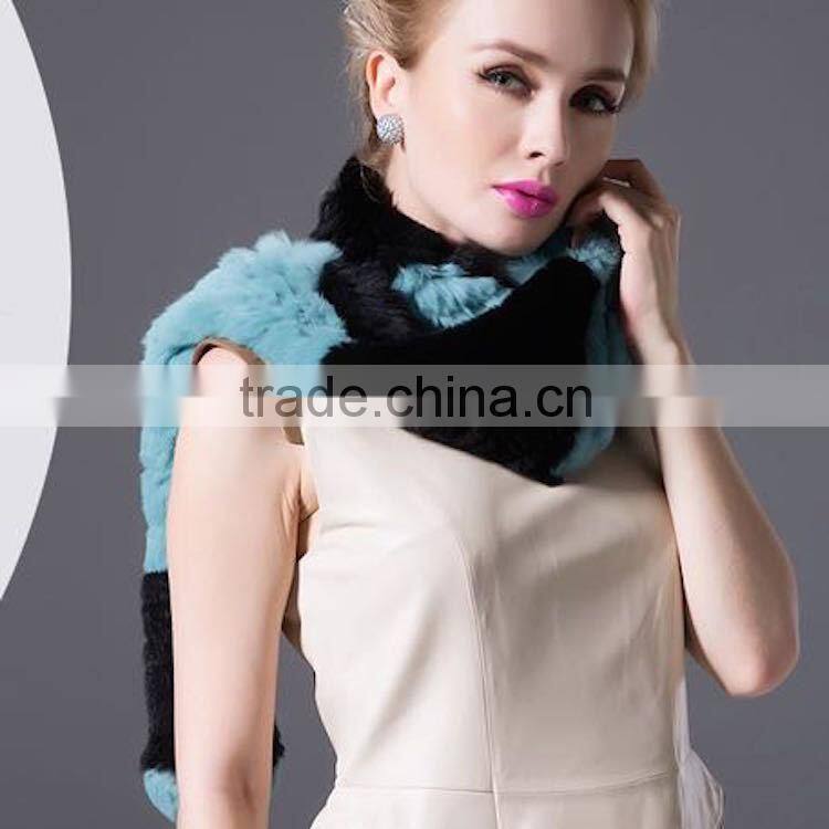 New Arrival Real Ladies Mixed Color Knitted Rex Rabbit Fur Scarf for Fashionable Girls'