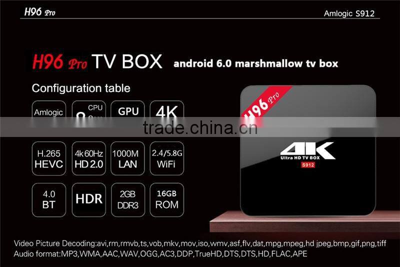 Amlogic S912 H96 pro 4K Android TV Box 2GB RAM 16GB ROM and 2.4G/5.8G Wifi Set Top Box