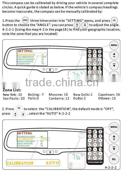 4.3inch High definition car rear view mirror monitor with reverse camera display,compass, temperature, and auto dimming