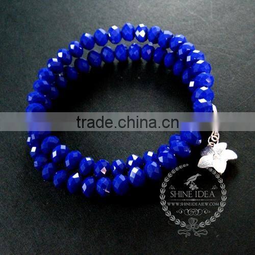 silver flower charm ice blue,pink,green,deep blue faceted glass beads 2 layers wiring bangle fashion bracelet 6490052