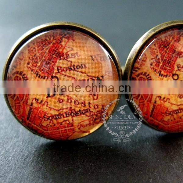 20mm vintage style antiqued bronze Boston old map art collage glass cabochon round cufflinks fashion wedding cuff links 6600042