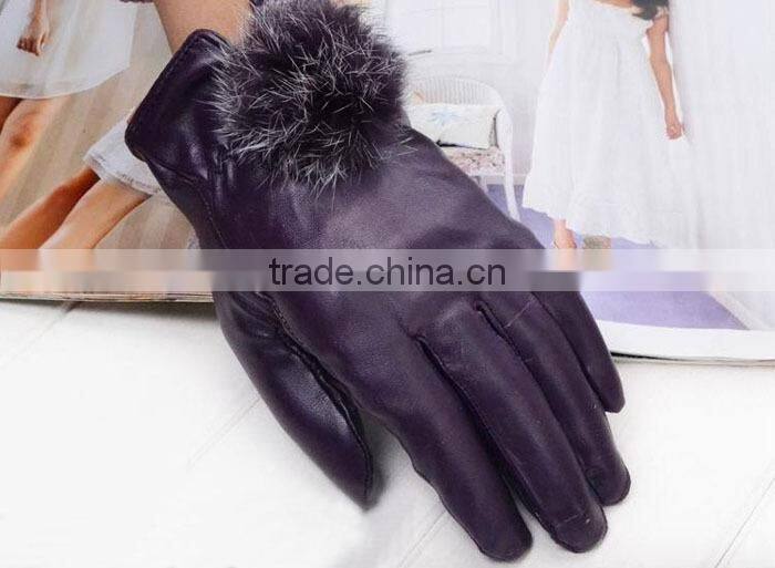 New Hot Fashion Ladys Womens Gloves PU Leather Cute Rabbit Fur Ball Warm Winter Gloves Mittens