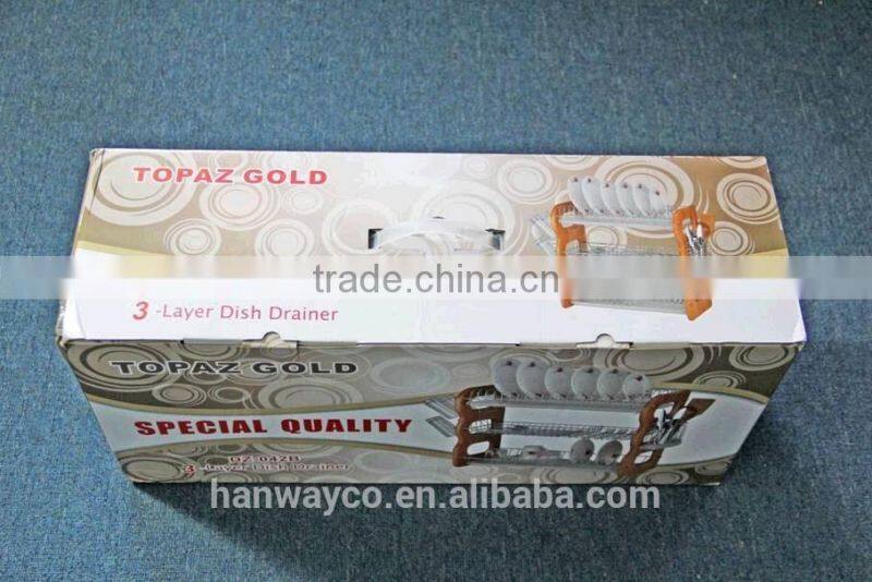 stock iron wooden 3-layer dish drainer